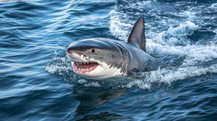 Naklejka premium White great shark jump out of water composition background