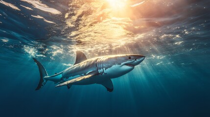 Obraz premium White great shark jump out of water composition background