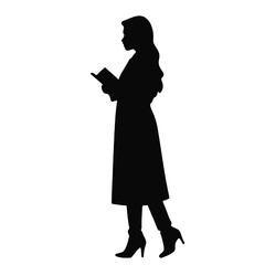 A silhouette of a woman wearing a long coat and holding a book 