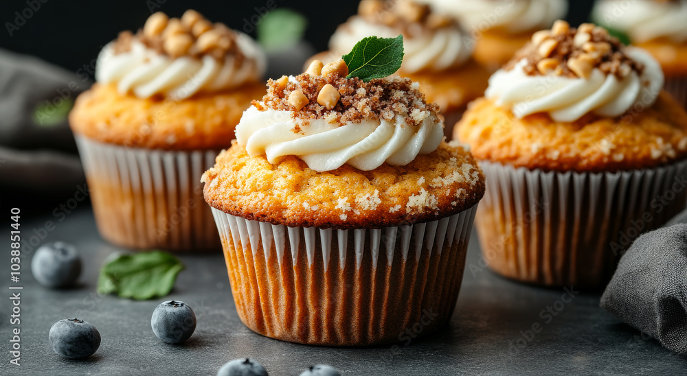 Aufkleber a row of cupcakes with frosting and nuts on top. the cupcakes are arranged on a table with a blueber