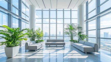 Modern Office Lobby with City Views, Two Grey Couches, Plants, and Window Walls, interior design, office space, urban landscape