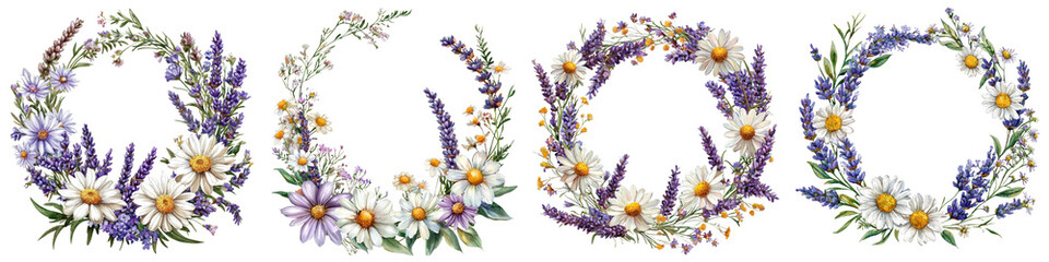 Obraz premium A romantic floral frame with lavender and daisies, illustrated in a watercolor painting style, on a transparent background.