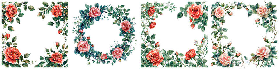 A lush floral frame with roses and ivy, illustrated in a watercolor painting style, on a transparent background.