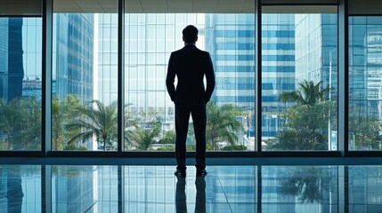 Fototapeta premium Silhouette of Man in Suit Looking Out Window at Cityscape, Man in Suit, Urban Landscape, Window View, Businessman, Corporate, Modern City