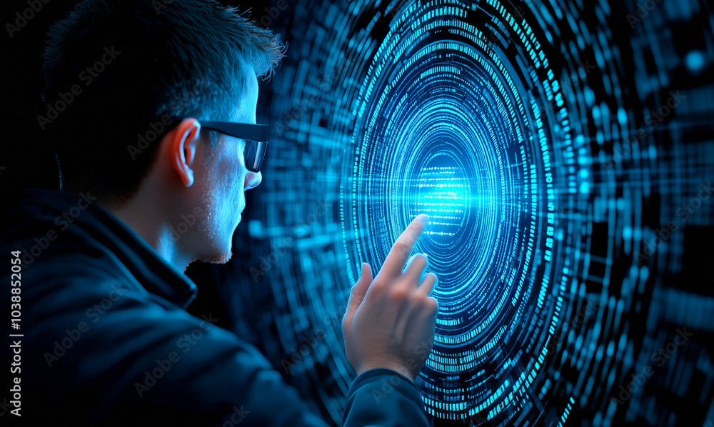 Poster a person interacts with a glowing digital interface in a futuristic setting during nighttime