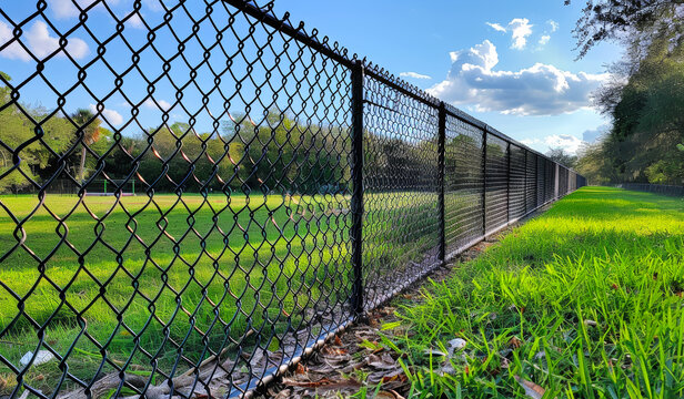A chain link fence with a green grassy field in the background. The fence is black and the grass is green