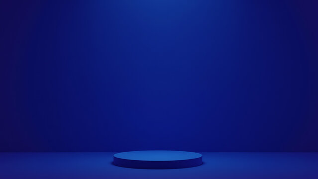 Dark blue and purple backdrop features a podium for product presentations.