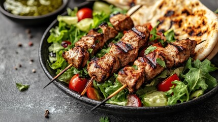 A delicious platter featuring grilled meat skewers on a bed of fresh salad and flatbread.
