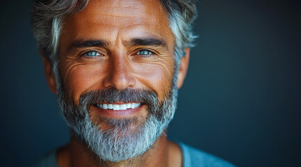 A man with a beard and gray hair is smiling. He has a blue eye and is wearing a blue shirt