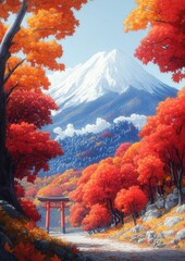Stunning Autumn Landscape with Red Maple Trees and Snow-Capped Mountain in Japan Featuring a Traditional Torii Gate and Vibrant Foliage Scenery