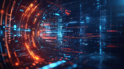 Abstract digital tunnel with glowing lines and particles, representing technology and data flow.