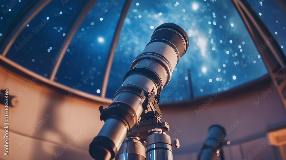 Poster an organized astronomy observatory with telescopes and star charts, observatory equipment set up for