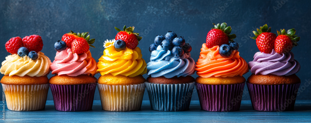 Poster a row of colorful cupcakes with blueberries and strawberries on top. the cupcakes are arranged in a 