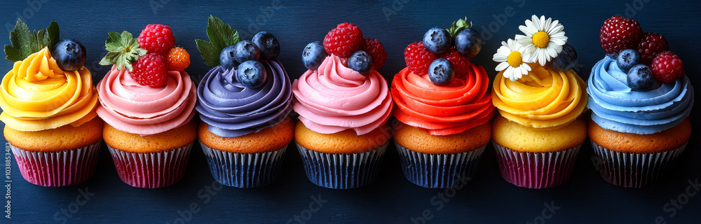 Poster a row of colorful cupcakes with blueberries and strawberries on top. the cupcakes are arranged in a 