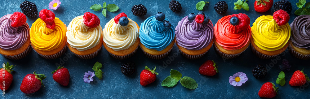 Poster a row of colorful cupcakes with strawberries and blueberries on top. the cupcakes are arranged in a 