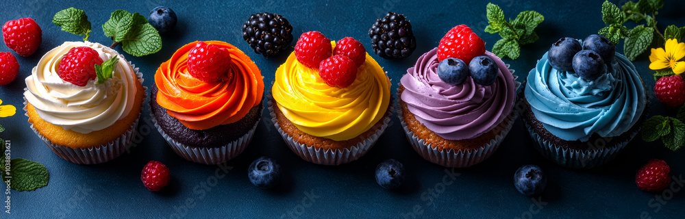 Poster a row of colorful cupcakes with blueberries and raspberries on top. the cupcakes are arranged in a r