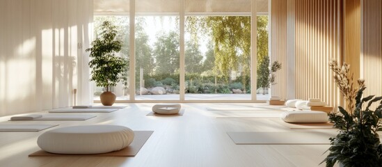 Fototapeta premium A serene yoga studio with cushions and natural light, promoting relaxation and mindfulness.