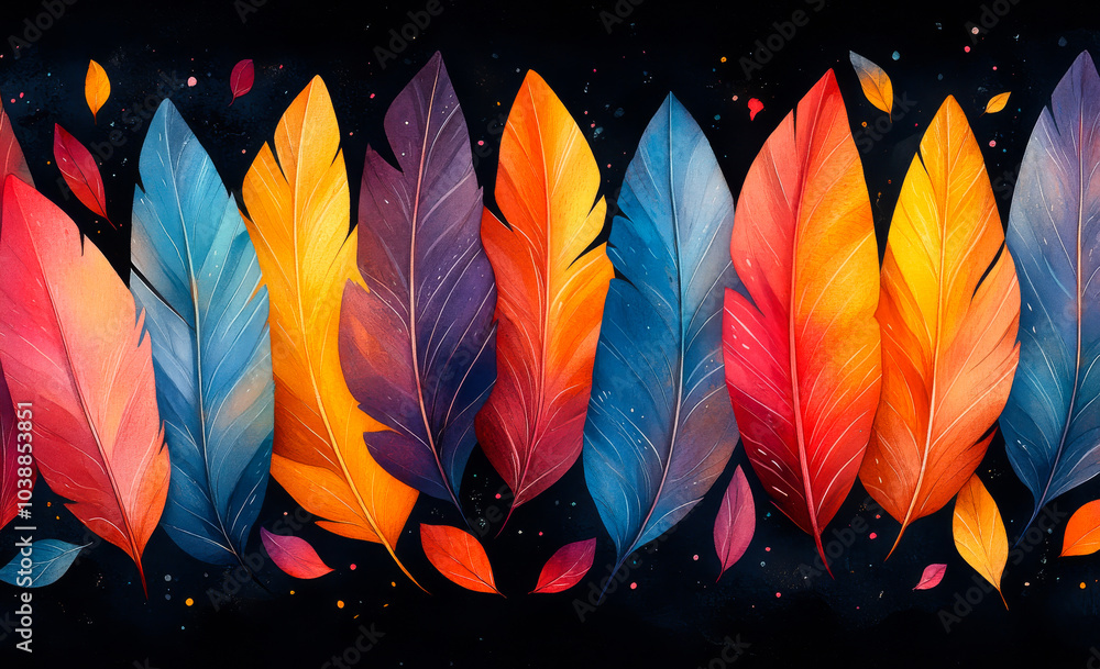 Poster a series of colorful feathers are painted on a black background. the feathers are arranged in a row,