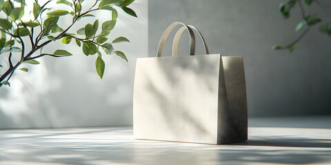 Natural shopping bag mockup with elegant green plant branch on light natural background. Reusable packaging. Save the environment. Empty package template.