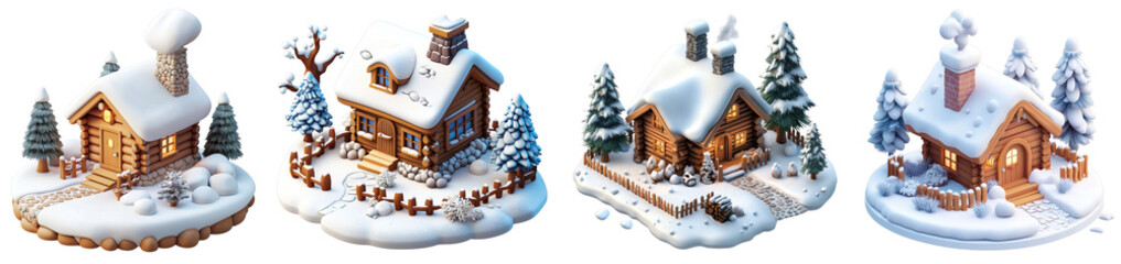 A 3D icon of an isolated winter cabin in a snowy field, illustrated on a transparent background, featuring a serene scene.