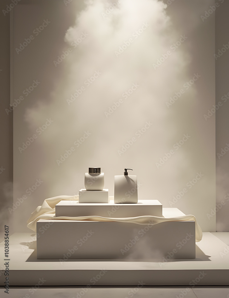 Poster Elegant product display in a misty ambiance showcases a minimalist podium with understated sophistication.
