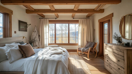 Cozy Farmhouse Bedroom with Rustic Wooden Furniture, Soft Textiles, Vintage Decor, and Warm Natural Light