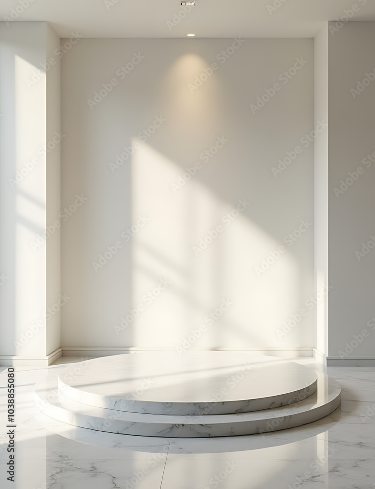 Poster Empty studio room features marble podium with elegant design and soft light giving it a sophisticated appearance.