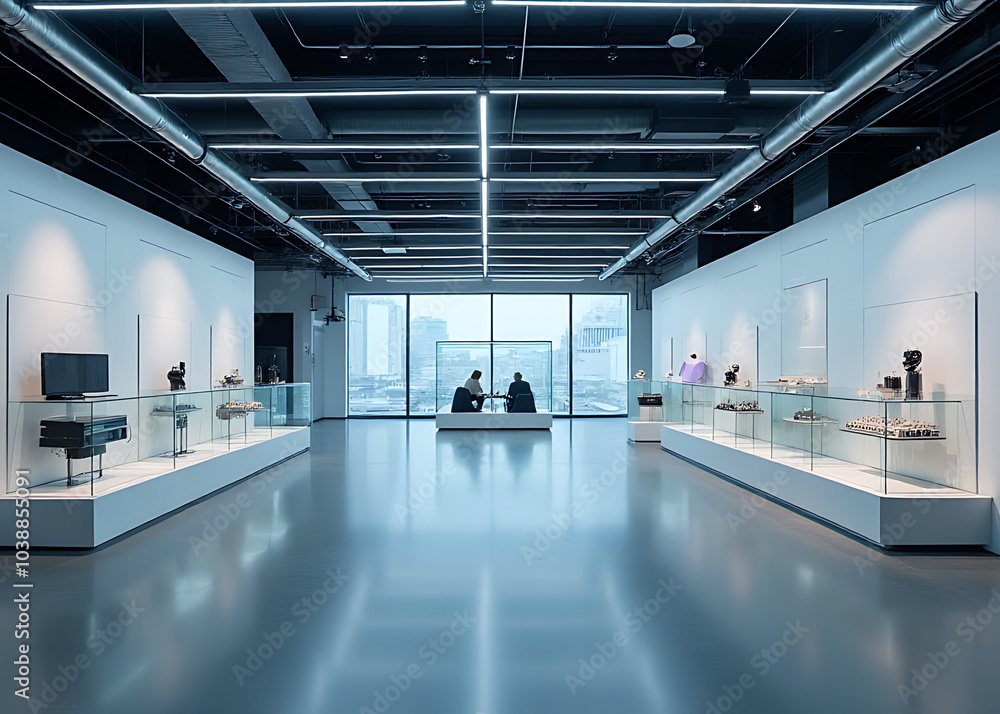 Poster empty space showcases products in a modern abstract technological setting.