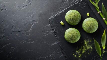 Green tea mochi isolated on a black slate background, garnished with matcha powder and bamboo leaves