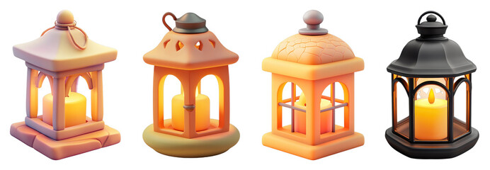 Obraz premium A 3D icon of a lantern with a candle inside, illustrated on a transparent background, symbolizing tranquility and peace.
