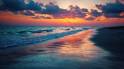   A sunset at the beach with waves crashing and clouds overhead