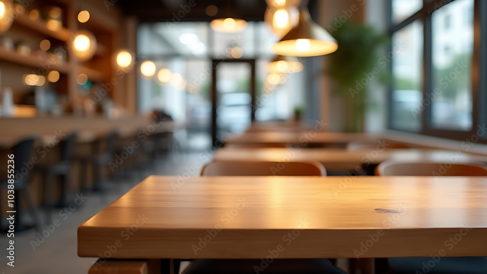 Poster Empty tables for display in bakeries and restaurants show modern design with blurred background spaces.