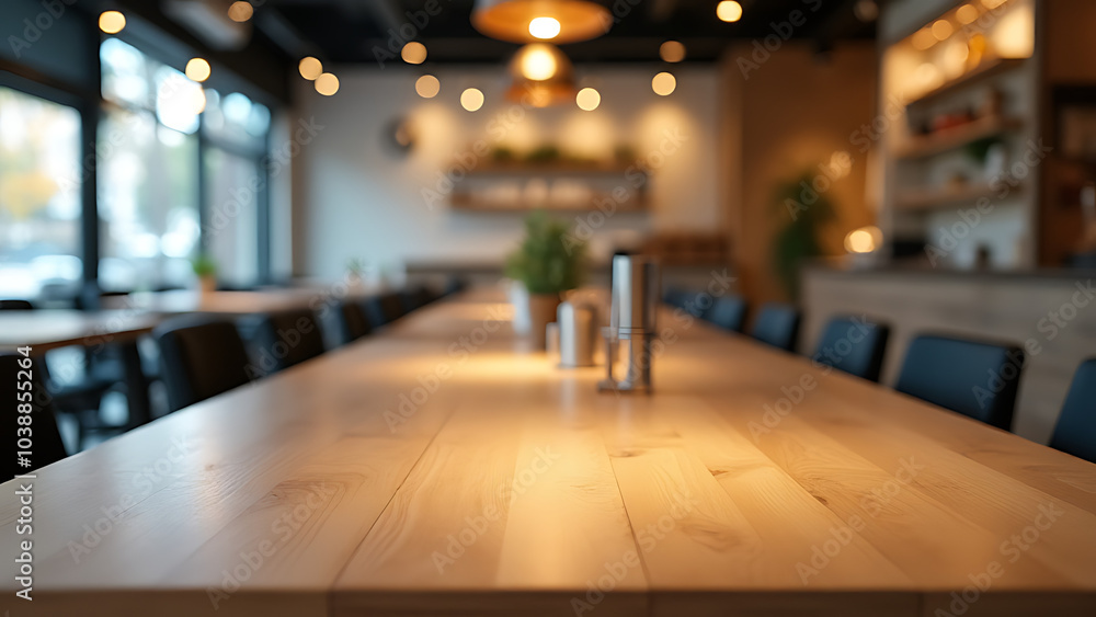 Poster Empty tables for display in bakeries and restaurants show modern design with blurred background spaces.