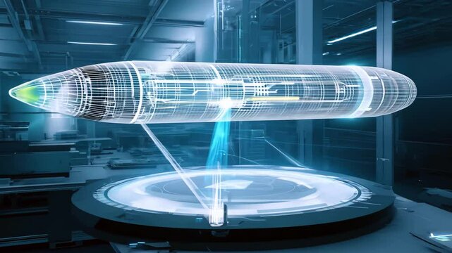 Futuristic holographic display of high-tech missile in modern laboratory setting