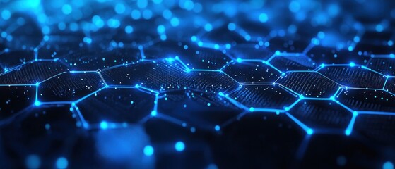 Obraz premium A digital representation of interconnected hexagonal patterns illuminated by blue light.