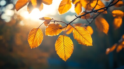 Obraz premium A calm autumn day, with vibrant yellow and orange leaves hanging from branches, sunlight softly piercing through the treetops.