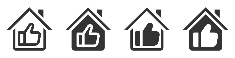 Obraz premium Vector icon of a house with a thumbs-up symbol, representing home approval, real estate satisfaction, or positive feedback in property.