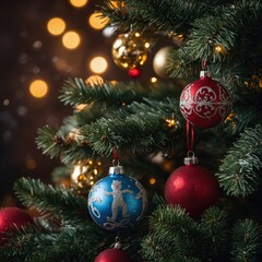 Fototapeta premium Cheerful toys make the tree a festive centerpiece