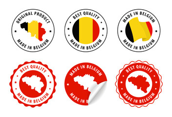 Belgium - set of stamps and stickers with map and flag. Best quality. Original product. Vector illustration.