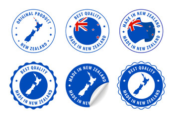 New Zealand - set of stamps and stickers with map and flag. Best quality. Original product. Vector illustration.