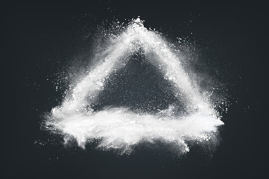 Dynamic White Powder Particles Explosion Forming Triangular Shape on Dark Background
