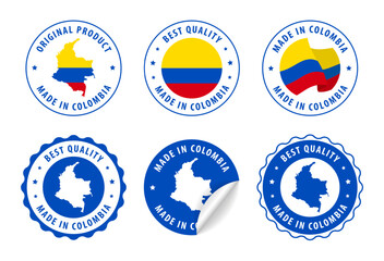 Obraz premium Colombia - set of stamps and stickers with map and flag. Best quality. Original product. Vector illustration.