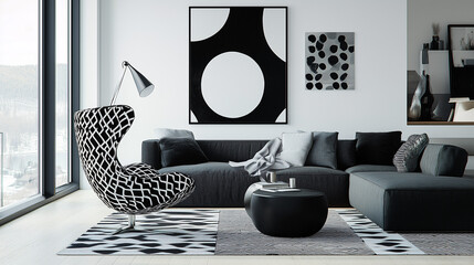 Minimalist space with a black-and-white color palette and geometric-patterned accent chair