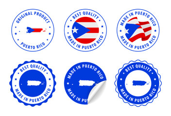 Puerto Rico - set of stamps and stickers with map and flag. Best quality. Original product. Vector illustration.