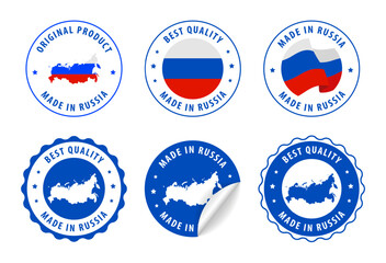 Russian Federation - set of stamps and stickers with map and flag. Best quality. Original product. Vector illustration.