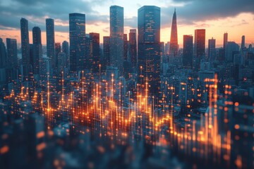 Dusk skyline view of modern city with digital stock market trends overlaying urban landscape