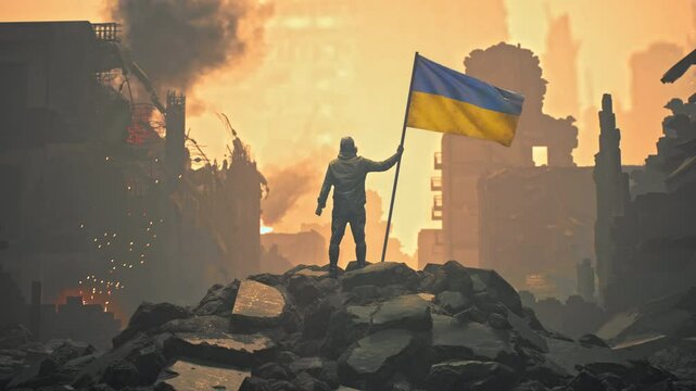 Ukrainian War Civilian Soldier Man Holding Ukraine Flag amid Destruction Devastation Piece Talks Rebuilding Renew Violence Invasion Resistance Concept