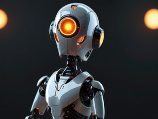 Sleek 3D AI robot mascot, designed like a floating chatbot, small and compact, smooth, rounded body