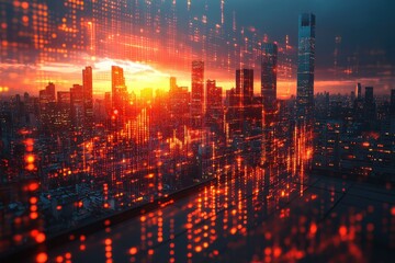 Stunning sunset over a city skyline with digital data patterns reflecting innovation and technology