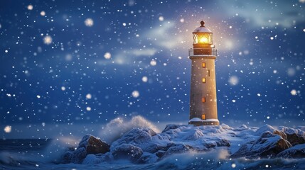 Leuchtturm in tobender Winterlandschaft